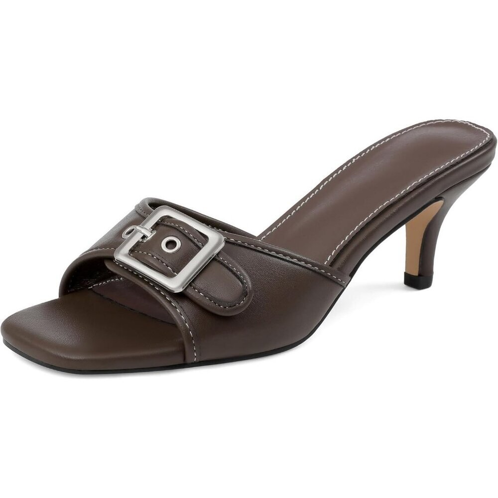Women's Chocolate Square Open Toe Low Heel Slip On Buckle Strap Heeled Sandals